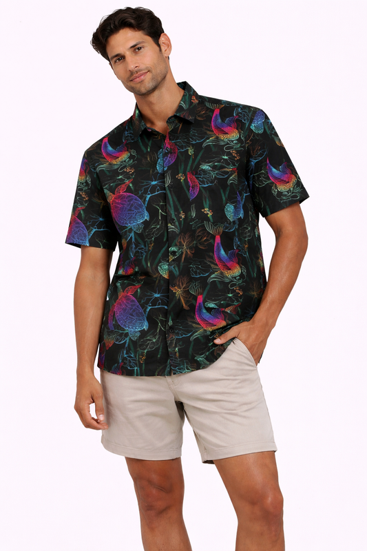 Camisa Hawaiana Playera Caribeña de Caballero Estampado Tortugas Neon