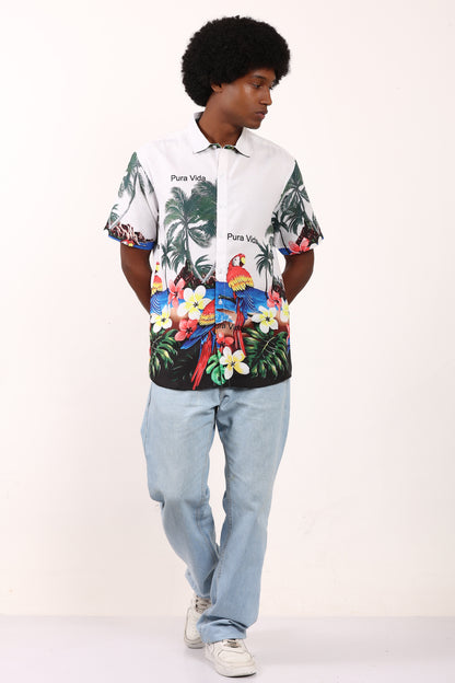Camisa Hawaiana Playera Caribeña de Caballero Estampado Loros Lapas Pura Vida