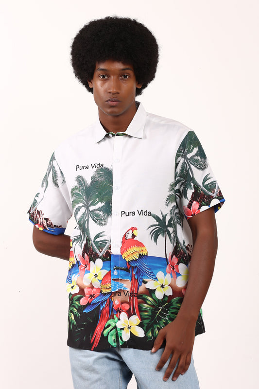 Camisa Hawaiana Playera Caribeña de Caballero Estampado Loros Lapas Pura Vida