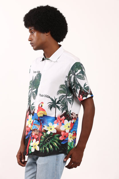 Camisa Hawaiana Playera Caribeña de Caballero Estampado Loros Lapas Pura Vida