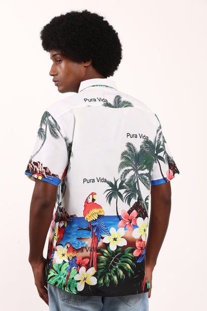 Camisa Hawaiana Playera Caribeña de Caballero Estampado Loros Lapas Pura Vida