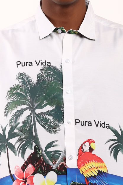 Camisa Hawaiana Playera Caribeña de Caballero Estampado Loros Lapas Pura Vida