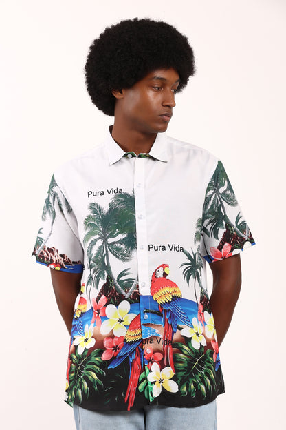 Camisa Hawaiana Playera Caribeña de Caballero Estampado Loros Lapas Pura Vida