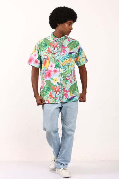 Camisa Hawaiana Playera Caribeña de Caballero Estampado Lapas Fondo Selva