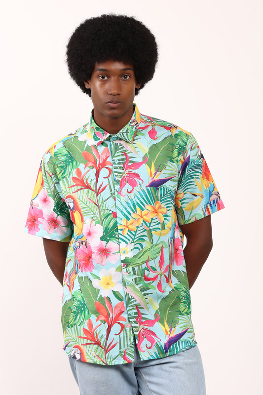 Camisa Hawaiana Playera Caribeña de Caballero Estampado Lapas Fondo Selva