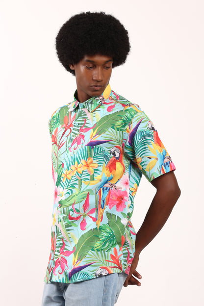 Camisa Hawaiana Playera Caribeña de Caballero Estampado Lapas Fondo Selva