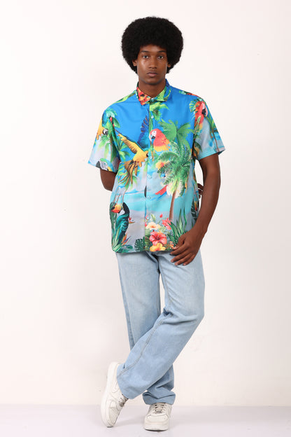 Men's Hawaiian Caribbean Beach Shirt with Limpet and Toucan Print