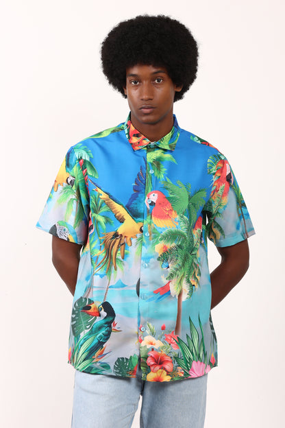 Men's Hawaiian Caribbean Beach Shirt with Limpet and Toucan Print