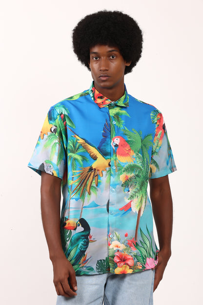 Men's Hawaiian Caribbean Beach Shirt with Limpet and Toucan Print