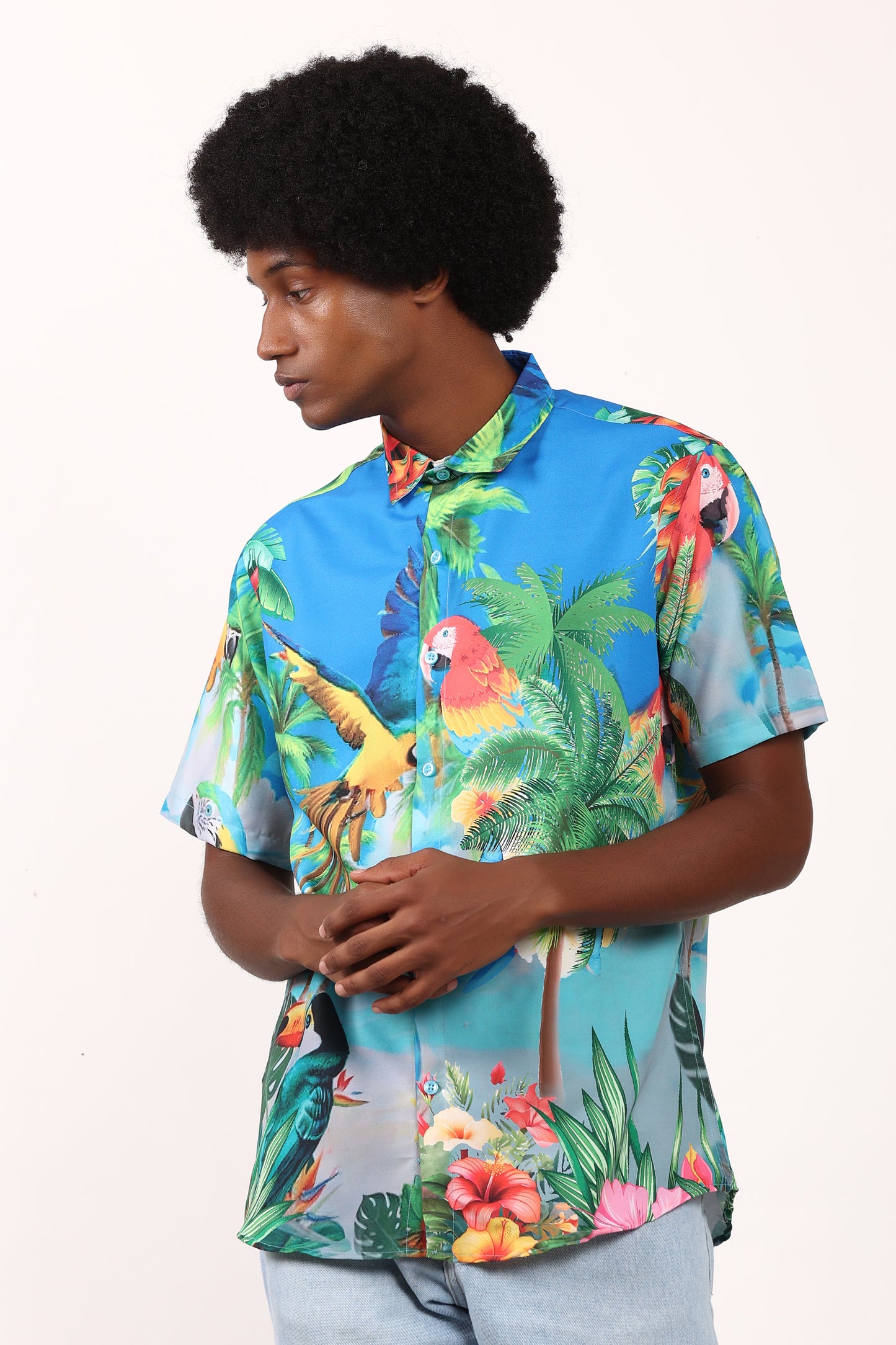 Men's Hawaiian Caribbean Beach Shirt with Limpet and Toucan Print