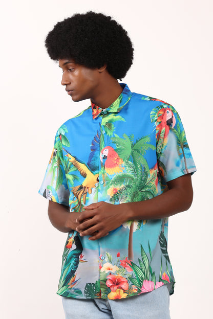 Men's Hawaiian Caribbean Beach Shirt with Limpet and Toucan Print