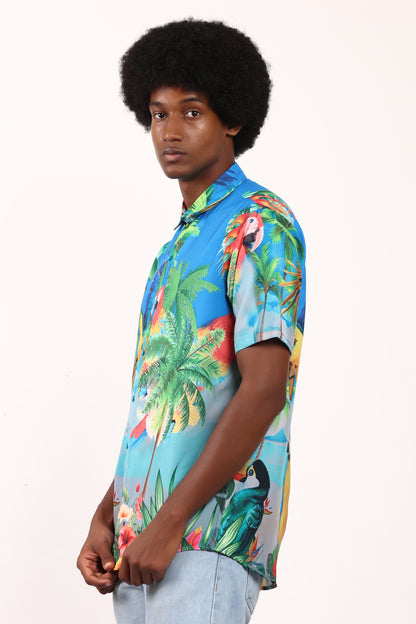 Men's Hawaiian Caribbean Beach Shirt with Limpet and Toucan Print