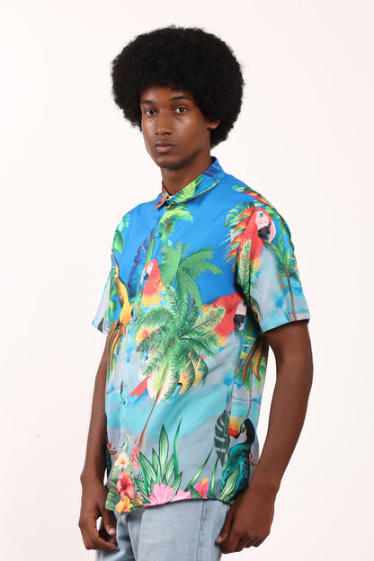 Men's Hawaiian Caribbean Beach Shirt with Limpet and Toucan Print