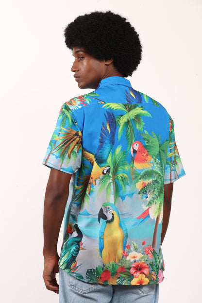 Men's Hawaiian Caribbean Beach Shirt with Limpet and Toucan Print