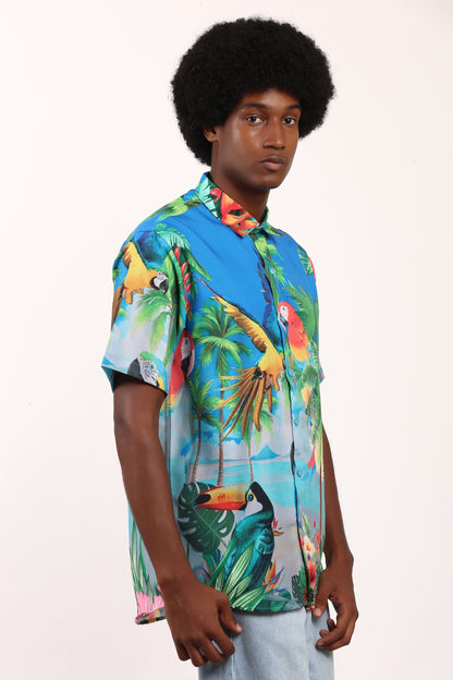 Men's Hawaiian Caribbean Beach Shirt with Limpet and Toucan Print