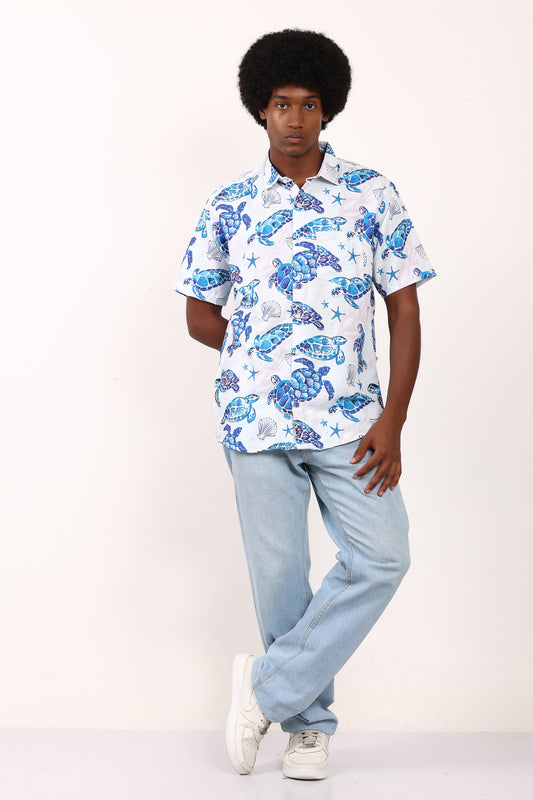 Camisa Hawaiana Playera Caribeña de Caballero Estampado Tortugas Azules