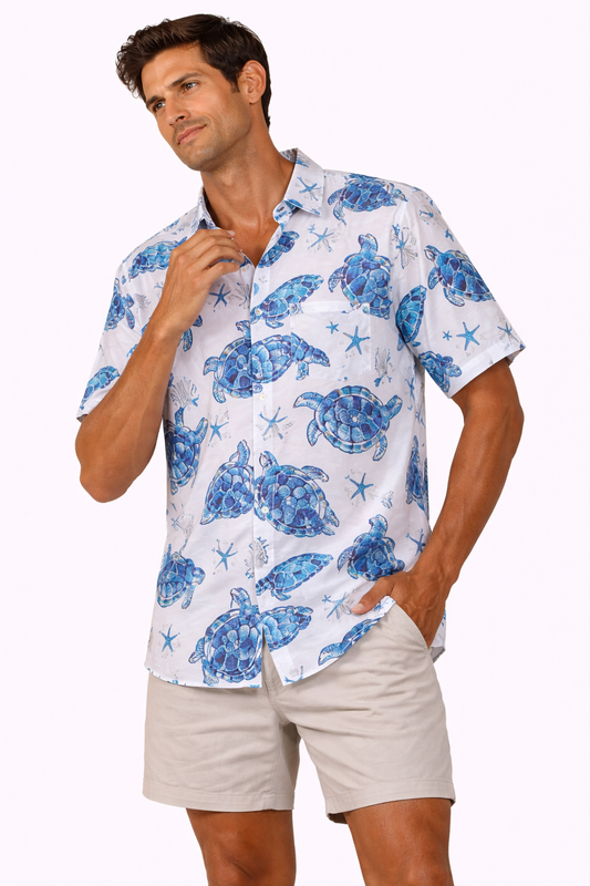 Camisa Hawaiana Playera Caribeña de Caballero Estampado Tortugas Azules