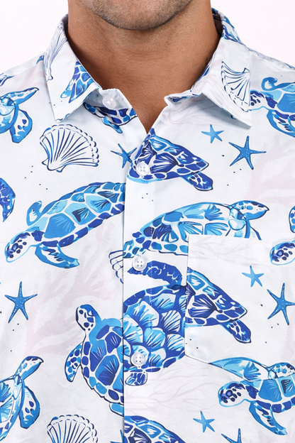 Camisa Hawaiana Playera Caribeña de Caballero Estampado Tortugas Azules