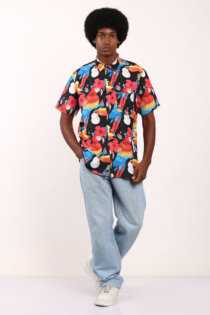 Men's Hawaiian Caribbean Beach Shirt Black Limpets Print