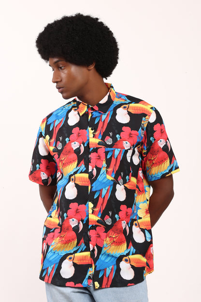 Men's Hawaiian Caribbean Beach Shirt Black Limpets Print
