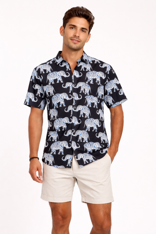 Camisa Hawaiana Playera Caribeña de Caballero Estampado Elefantes