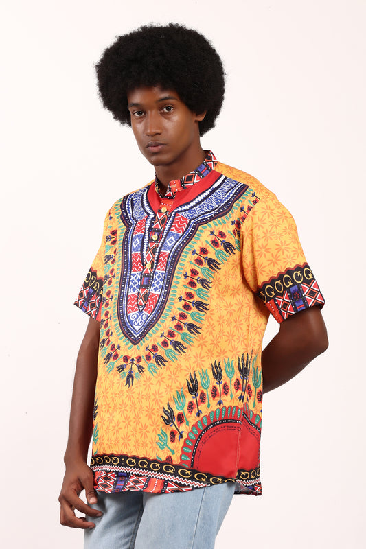 Camisa de Hombre Afrocaribeño Amarillo de Botones Cuello Chino HS405
