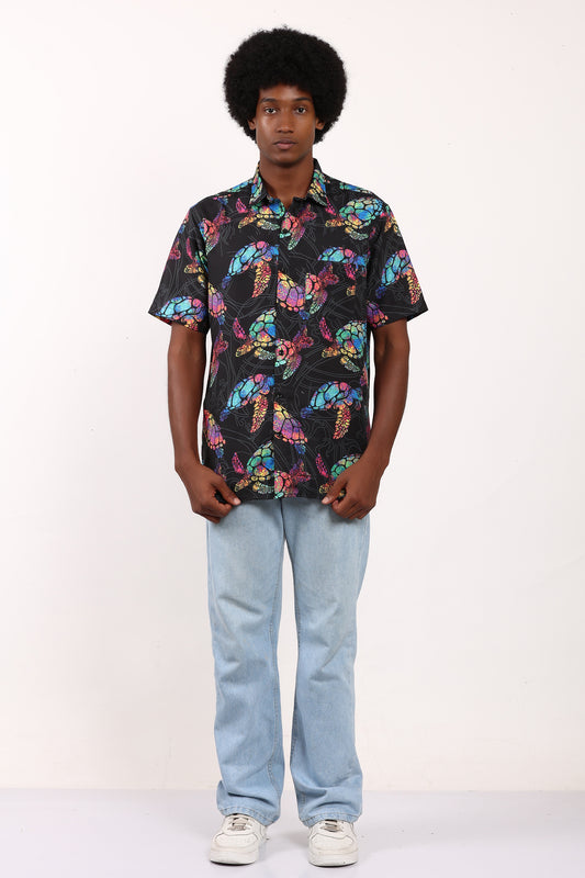 Camisa Hawaiana Playera Caribeña de Caballero Estampado Tortugas Vibrantes Neón