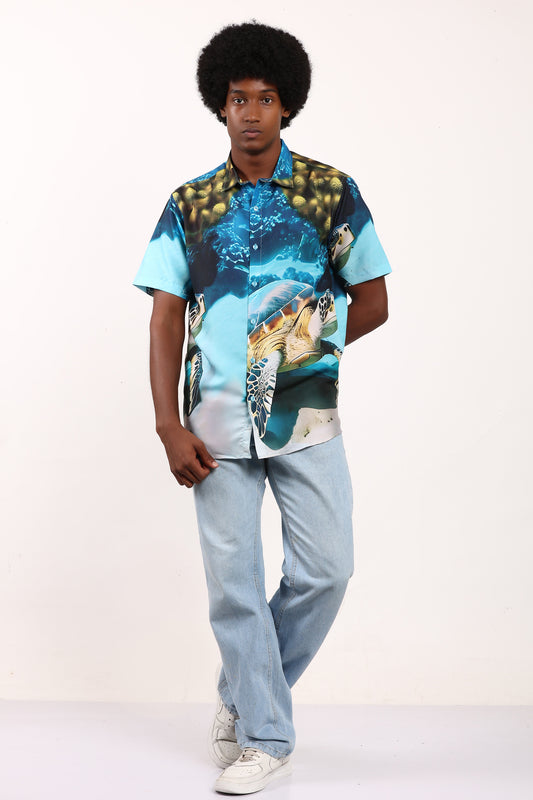 Camisa Hawaiana Playera Caribeña de Caballero Estampado Tortugas Grandes
