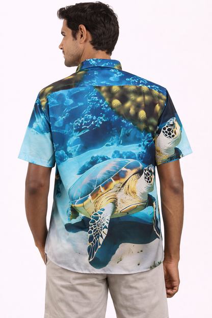 Camisa Hawaiana Playera Caribeña de Caballero Estampado Tortugas Grandes