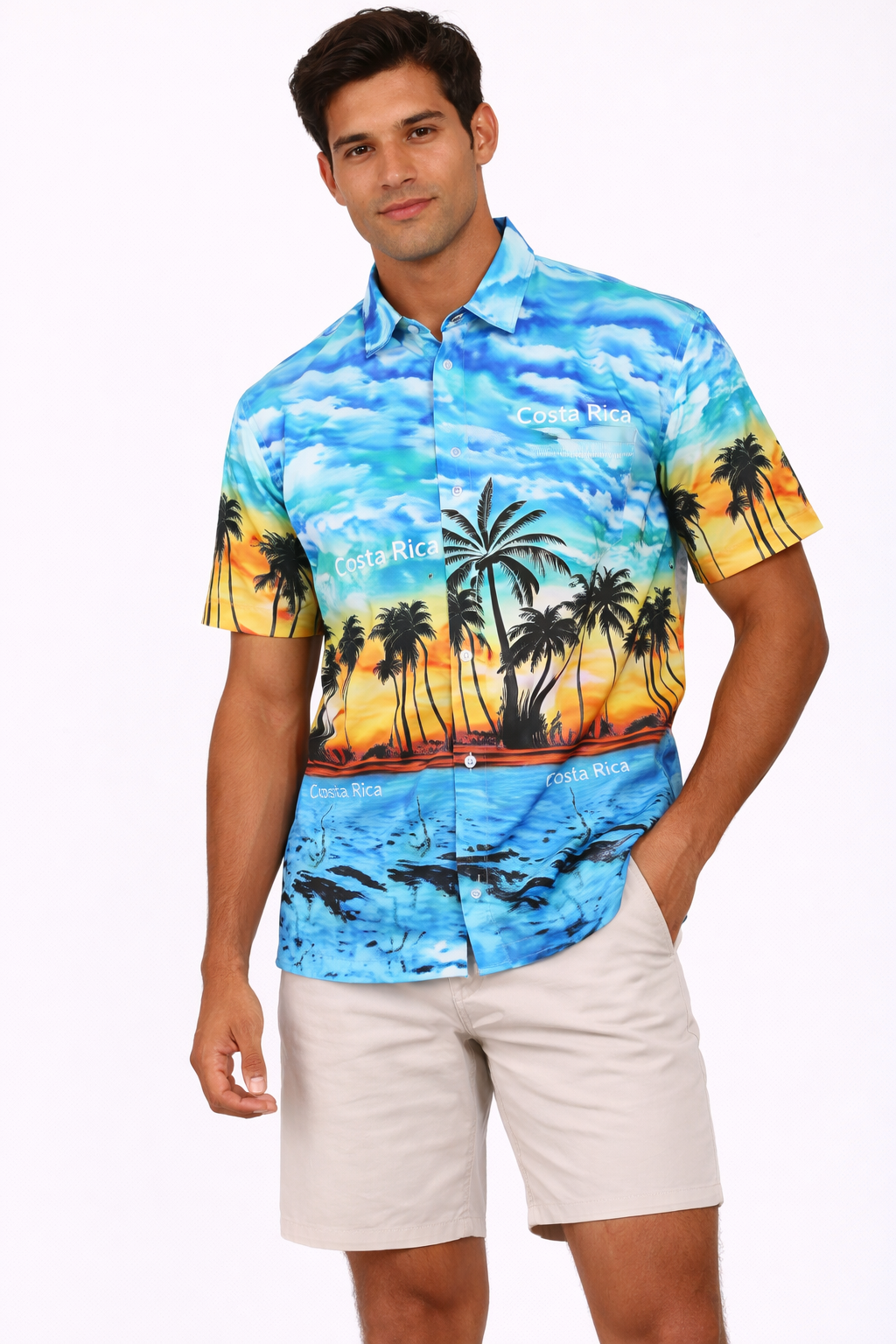 Men's Hawaiian Caribbean Beach Shirt Palm Tree Print Costa Rica