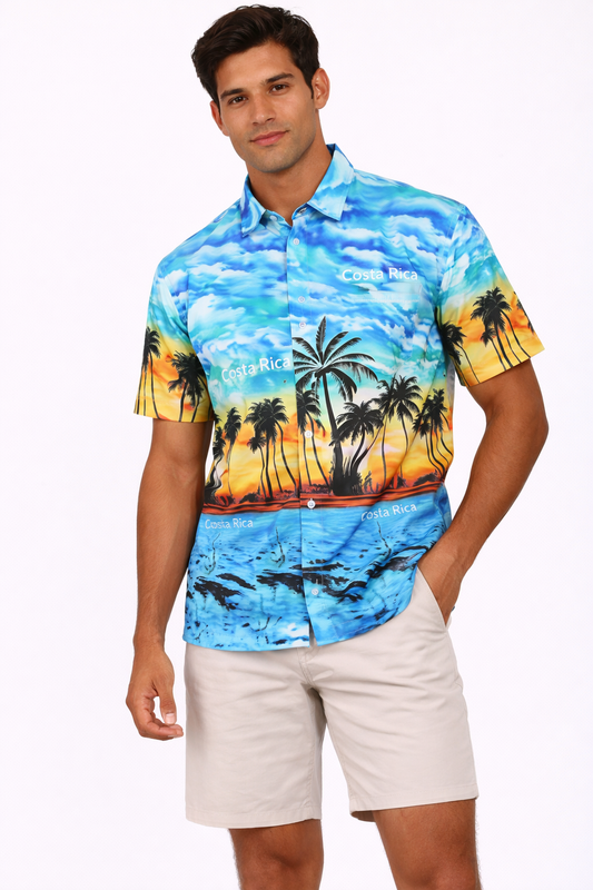 Camisa Hawaiana Playera Caribeña de Caballero Estampado Palmeras Costa Rica