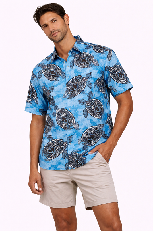 Camisa Hawaiana Playera Caribeña de Caballero Estampado Tortuga Oceánica