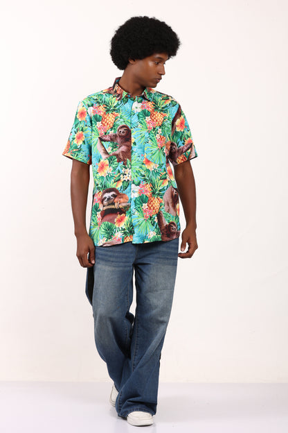 Camisa Hawaiana Playera Caribeña de Caballero Estampado Oso Pina