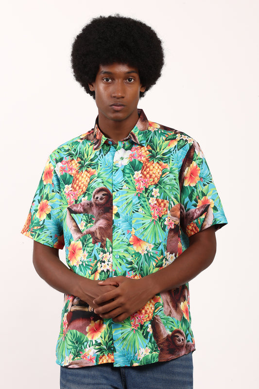Camisa Hawaiana Playera Caribeña de Caballero Estampado Oso Pina