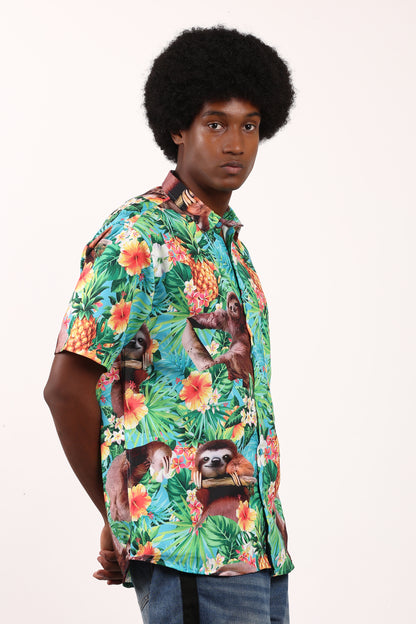 Camisa Hawaiana Playera Caribeña de Caballero Oso Perezoso