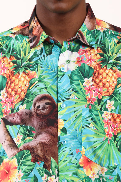 Camisa Hawaiana Playera Caribeña de Caballero Estampado Oso Pina