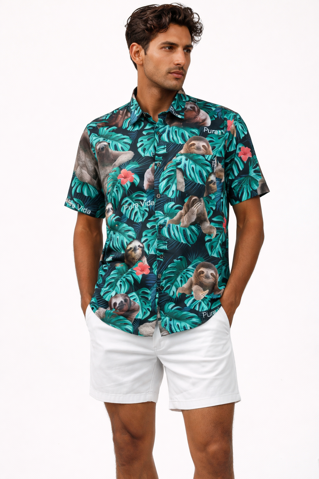 Camisa Hawaiana Playera Caribeña de Caballero Estampado Oso Fondo Negro Pura Vida