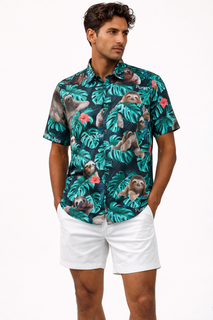 Camisa Hawaiana Playera Caribeña de Caballero Estampado Oso Fondo Negro Pura Vida
