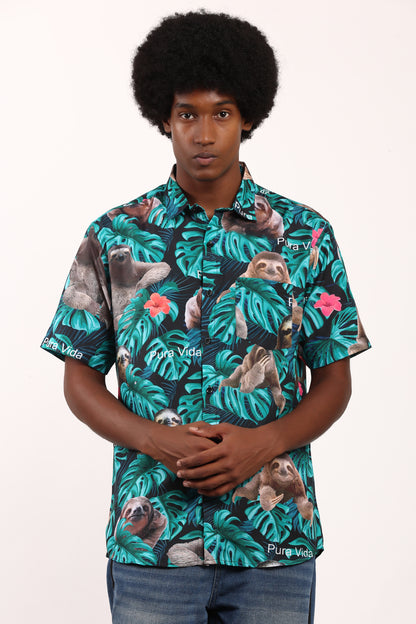 Men's Caribbean Beach Hawaiian Shirt Sloth Pura Vida Print