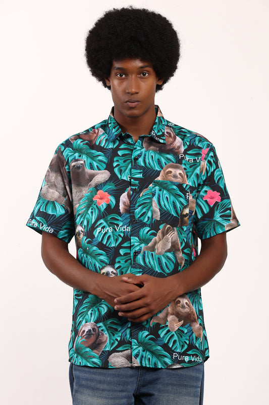 Camisa Hawaiana Playera Caribeña de Caballero Estampado Oso Perezoso Pura Vida