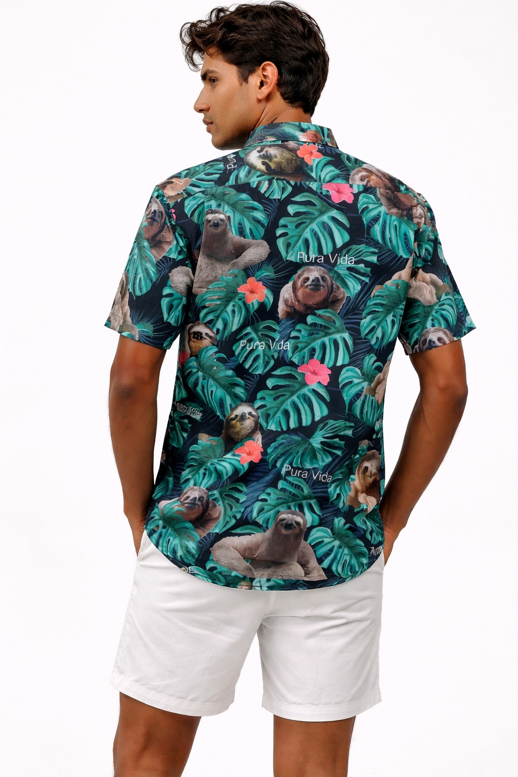 Camisa Hawaiana Playera Caribeña de Caballero Estampado Oso Fondo Negro Pura Vida