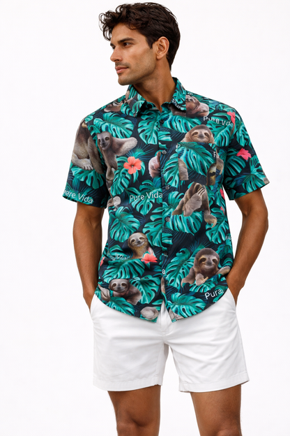 Camisa Hawaiana Playera Caribeña de Caballero Estampado Oso Fondo Negro Pura Vida