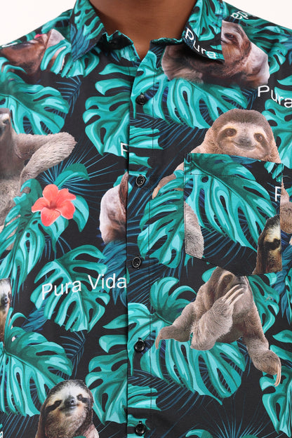 Camisa Hawaiana Playera Caribeña de Caballero Estampado Oso Fondo Negro Pura Vida