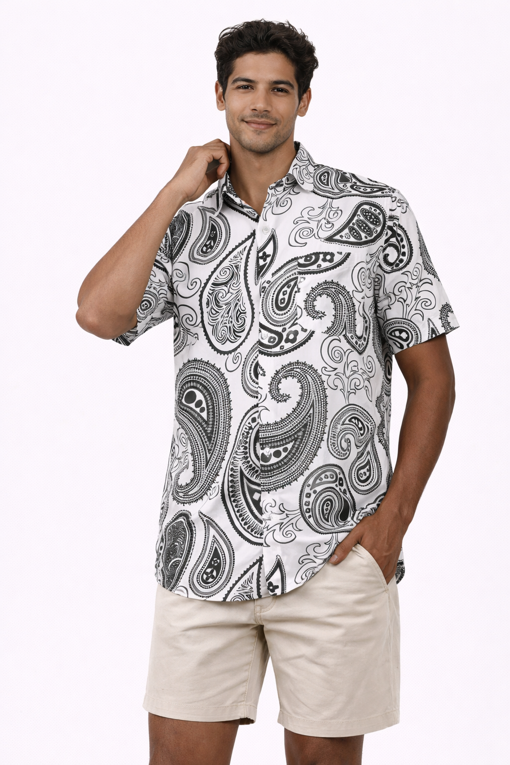 Camisa Hawaiana Playera Caribeña de Caballero Estampado Bacteria Blancas