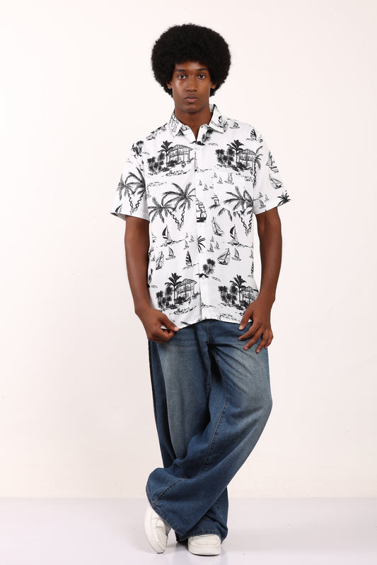 Camisa Hawaiana Playera Caribeña de Caballero Estampado Playa Blanco y Negro