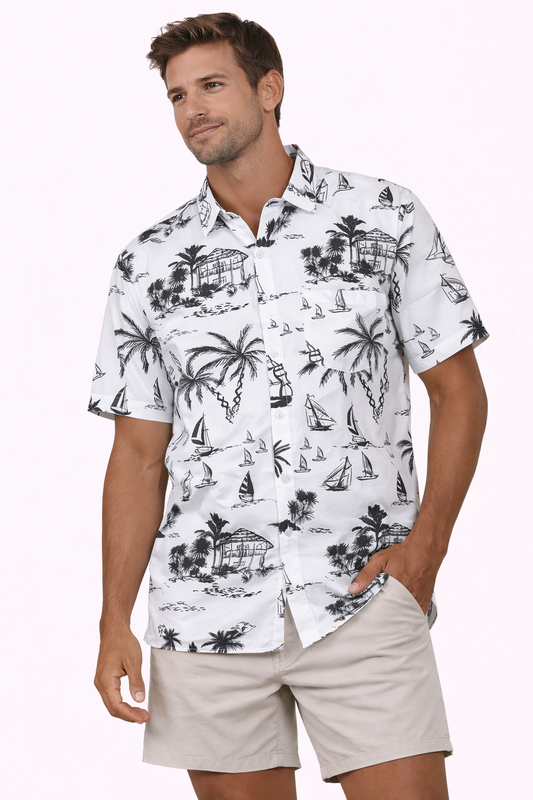 Camisa Hawaiana Playera Caribeña de Caballero Estampado Playa Blanco y Negro