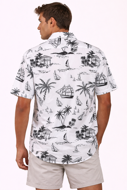 Camisa Hawaiana Playera Caribeña de Caballero Estampado Playa Blanco y Negro