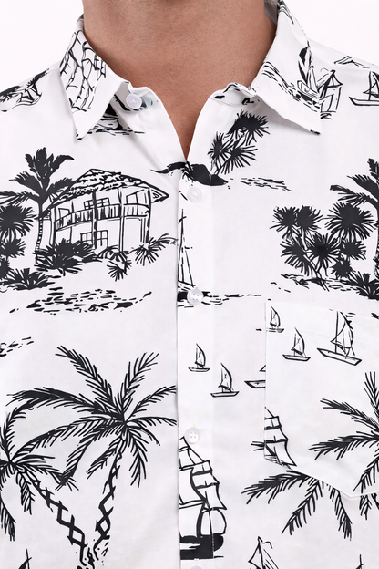 Camisa Hawaiana Playera Caribeña de Caballero Estampado Playa Blanco y Negro