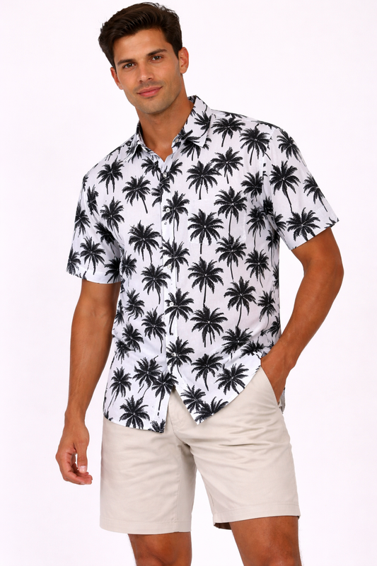 Camisa Hawaiana Playera Caribeña de Caballero Estampado Palmeras Fondo Blanco