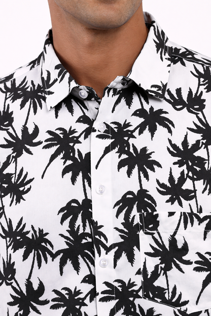 Men's Caribbean Beach Hawaiian Shirt with Palm Tree Print on White Background